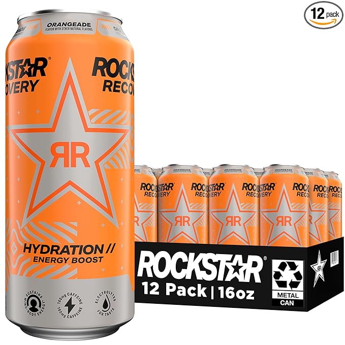 Rockstar Energy Drink with Caffeine Taurine and Electrolytes, Recovery Orange, 16 Fl Oz (Pack of 12)